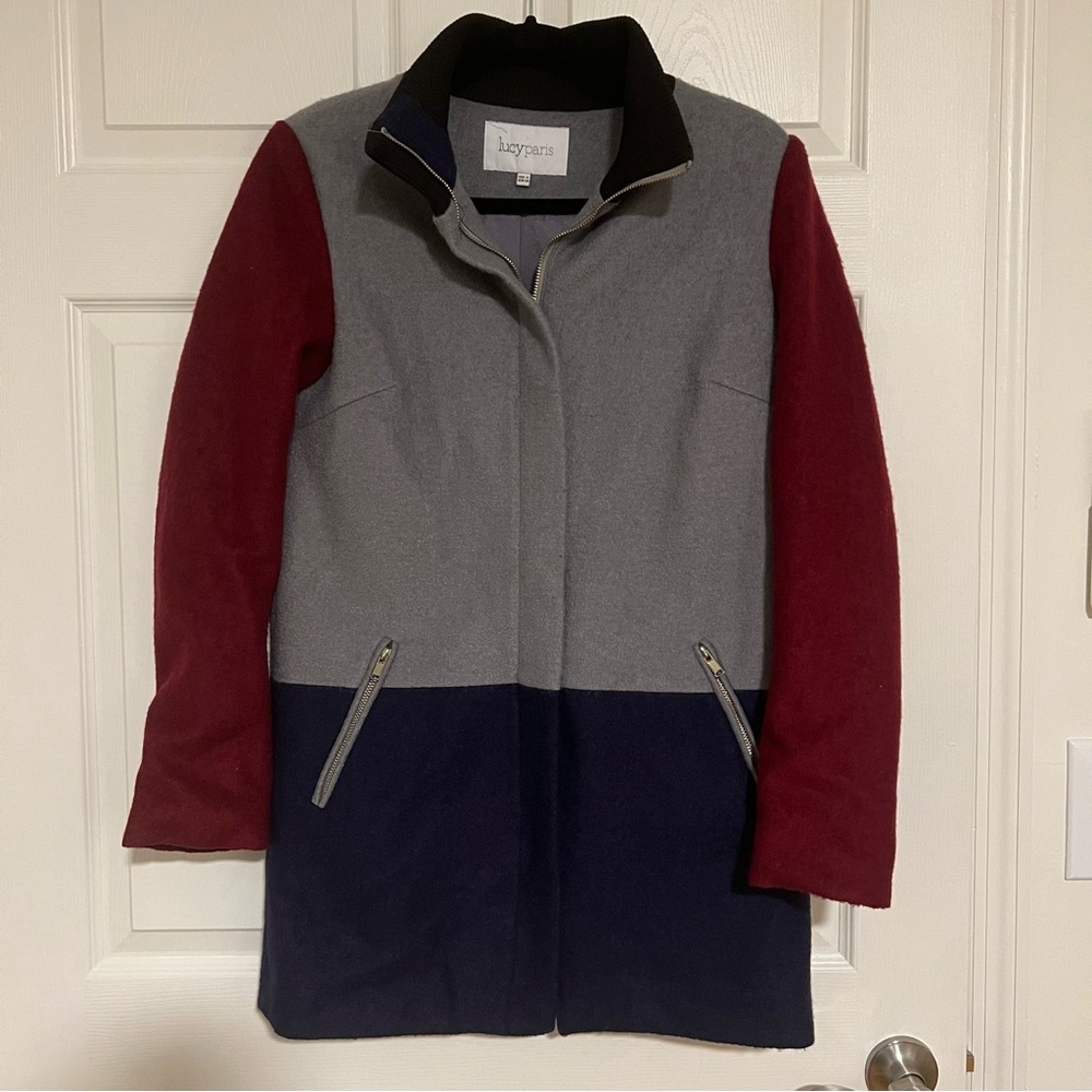 Lucy Paris Wool Blend Colorblock Coat in Gray, Navy & Burgundy Size S